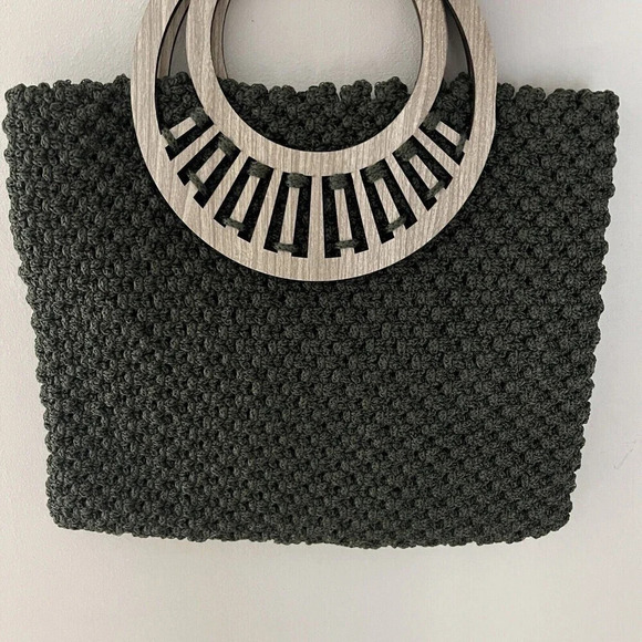 Handmade Women's Green Woven Handbag Boho Wood Top Handles Festival Unique Mediu - Picture 6 of 7